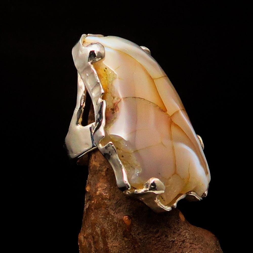 Huge Sterling Silver Solitaire Ring with Fancy Cut Agate Slice-1