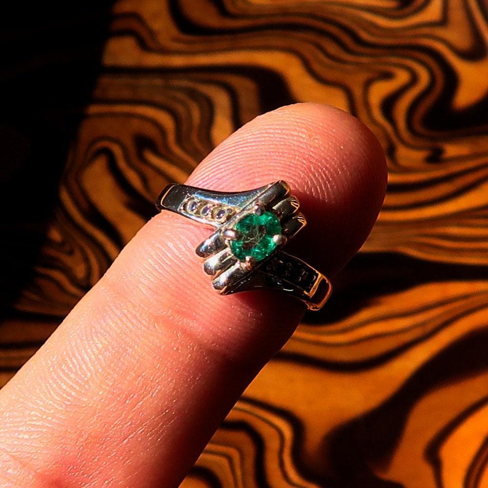 Emerald Ring, Green Emerald Ring, Sterling Silver Ring, Solitaire Ring, Green Emerald and CZ Handmade silver ring, gift for her - Size 5.5-2