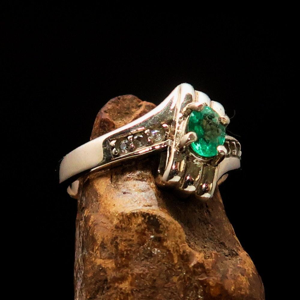 Emerald Ring, Green Emerald Ring, Sterling Silver Ring, Solitaire Ring, Green Emerald and CZ Handmade silver ring, gift for her - Size 5.5-4