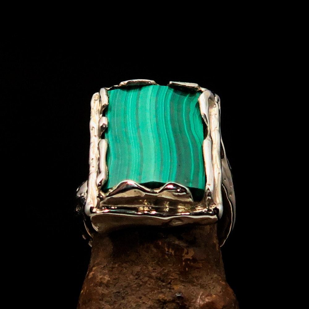 Green Malachite Ring, Artwork Sterling Silver Ring, rectangle shaped Green Malachite, handmade silver ring, unique silver ring - Size 9-1