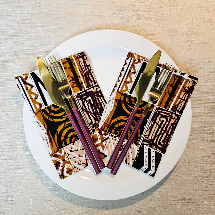 Set of 4 | 8 Napkins | 40x40cm | Black Mudcloth Print, Ankara Wax, 100% Cotton-0