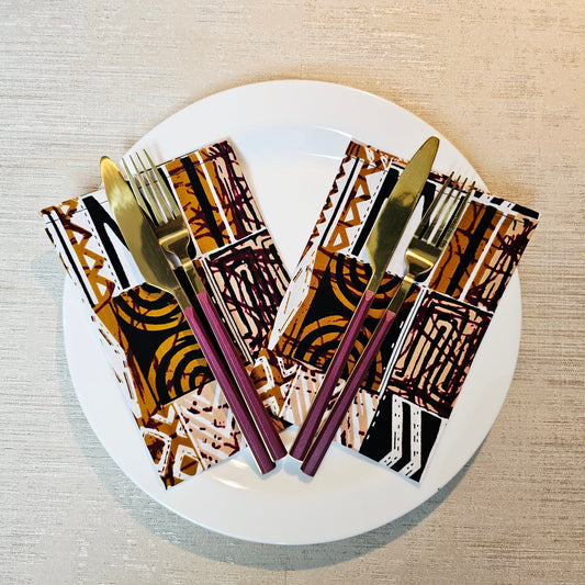 Set of 4 | 8 Napkins | 40x40cm | Black Mudcloth Print, Ankara Wax, 100% Cotton-0