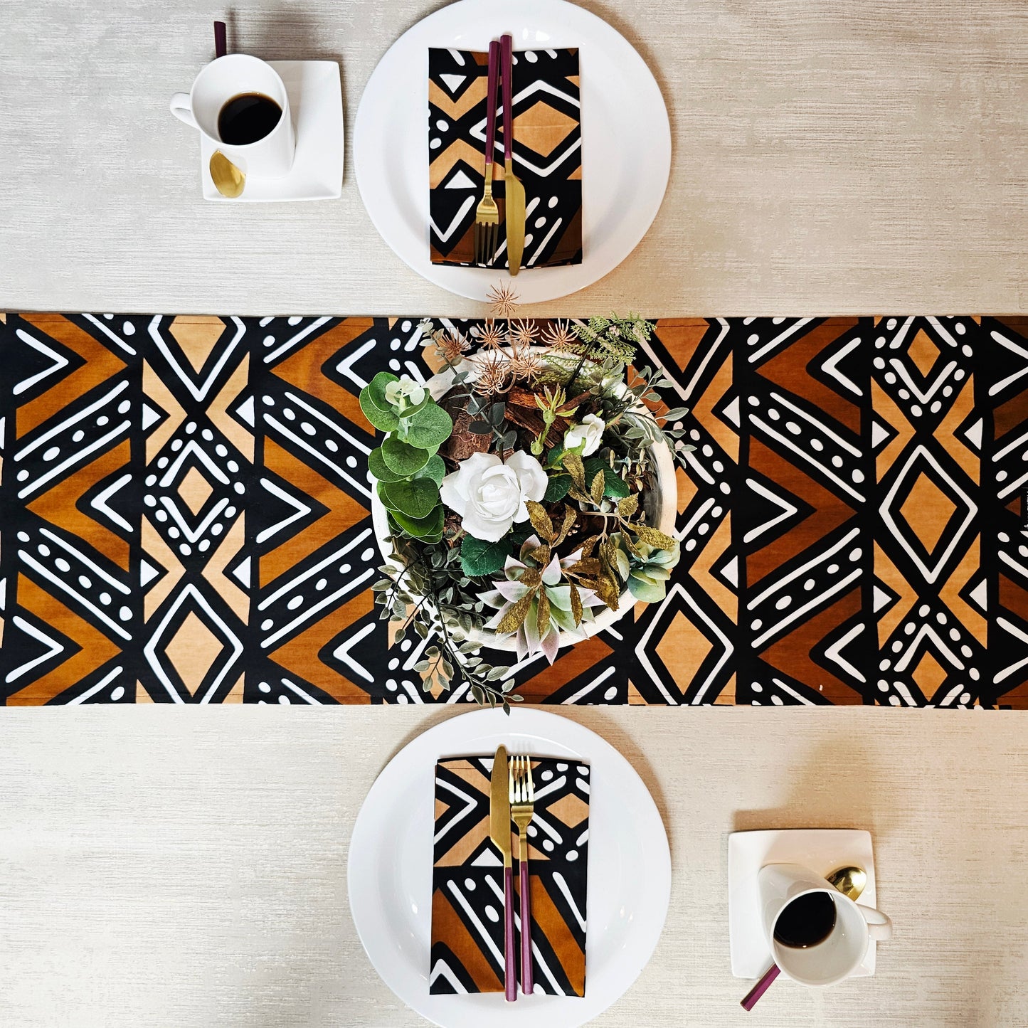 Handmade Table Runner and Set of 8 Napkins | African Print "Mudcloth" Bogolan Inspired Print Made from 100% African Print Fabric-4