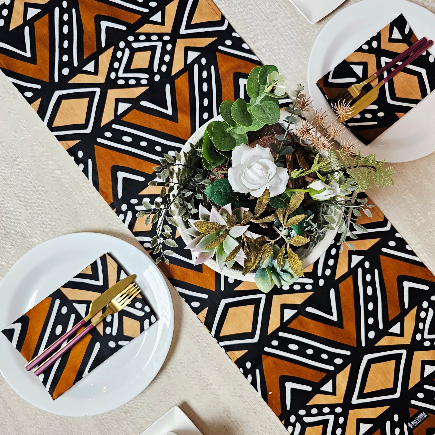 Handmade Table Runner and Set of 8 Napkins | African Print "Mudcloth" Bogolan Inspired Print Made from 100% African Print Fabric-0