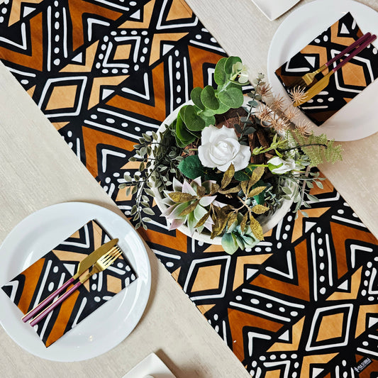 Handmade Table Runner and Set of 8 Napkins | African Print "Mudcloth" Bogolan Inspired Print Made from 100% African Print Fabric-0