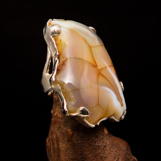 Huge Sterling Silver Solitaire Ring with Fancy Cut Agate Slice-0