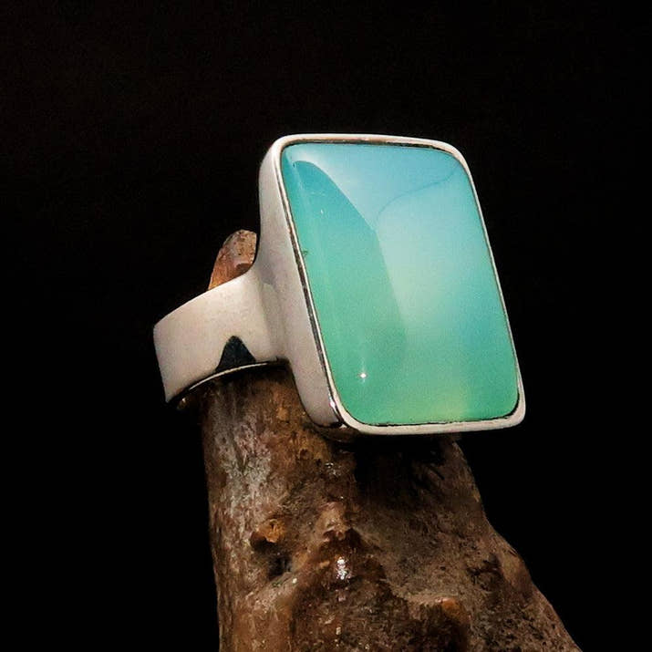 Green Agate Ring, Sterling Silver Ring, green Agate Cabochon, rectangle minimalist ring, handmade silver ring, gift for her, unique - Size 7-0