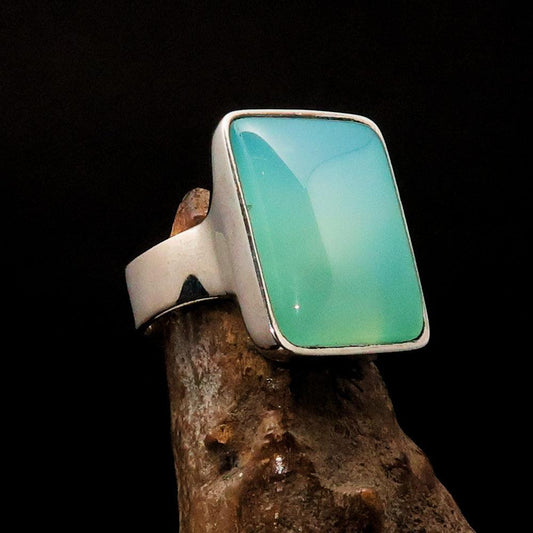 Green Agate Ring, Sterling Silver Ring, green Agate Cabochon, rectangle minimalist ring, handmade silver ring, gift for her, unique - Size 7-0