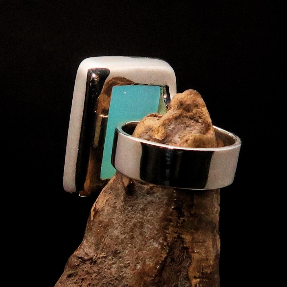 Green Agate Ring, Sterling Silver Ring, green Agate Cabochon, rectangle minimalist ring, handmade silver ring, gift for her, unique - Size 7-3