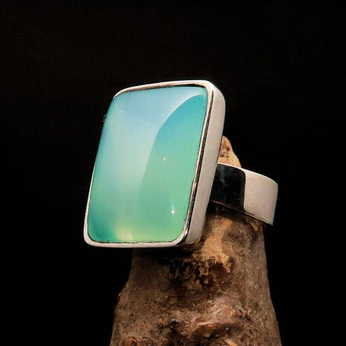 Green Agate Ring, Sterling Silver Ring, green Agate Cabochon, rectangle minimalist ring, handmade silver ring, gift for her, unique - Size 7-4