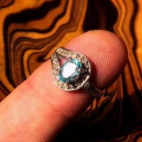 Sterling Silver Solitaire Loop Ring with oval Cut Blue Zircon and 21 CZ - Size 5-1