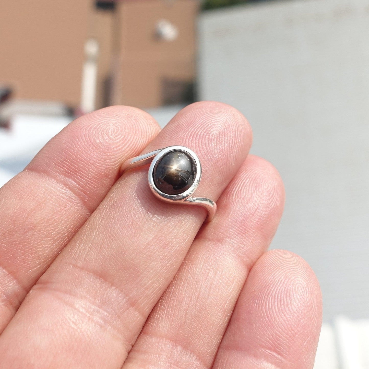 Black Sapphire Ring, Minimalist Sterling Silver Ring, Sapphire Silver Ring, Black Star Sapphire Ring, Gift for Her, Black Star Sapphire cab - size 5.5-1