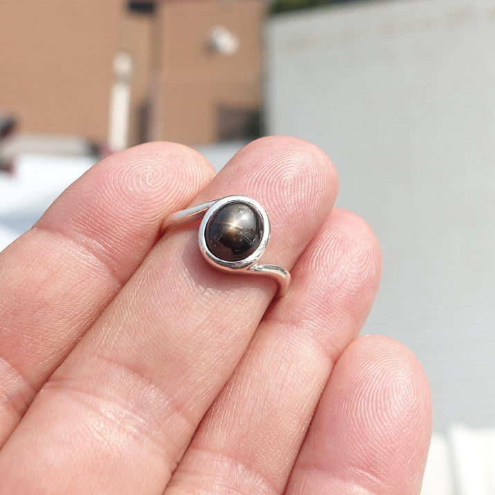 Black Sapphire Ring, Minimalist Sterling Silver Ring, Sapphire Silver Ring, Black Star Sapphire Ring, Gift for Her, Black Star Sapphire cab - size 5.5-1