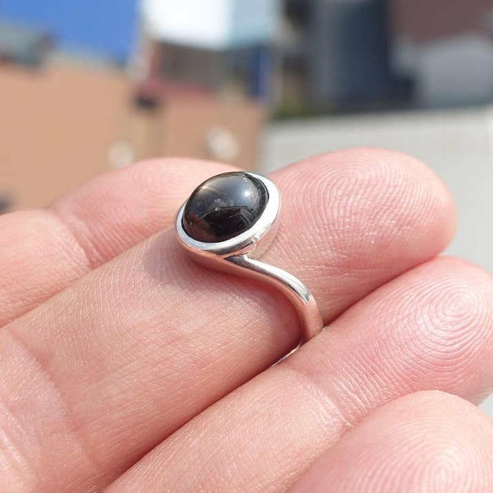 Black Sapphire Ring, Minimalist Sterling Silver Ring, Sapphire Silver Ring, Black Star Sapphire Ring, Gift for Her, Black Star Sapphire cab - size 5.5-2