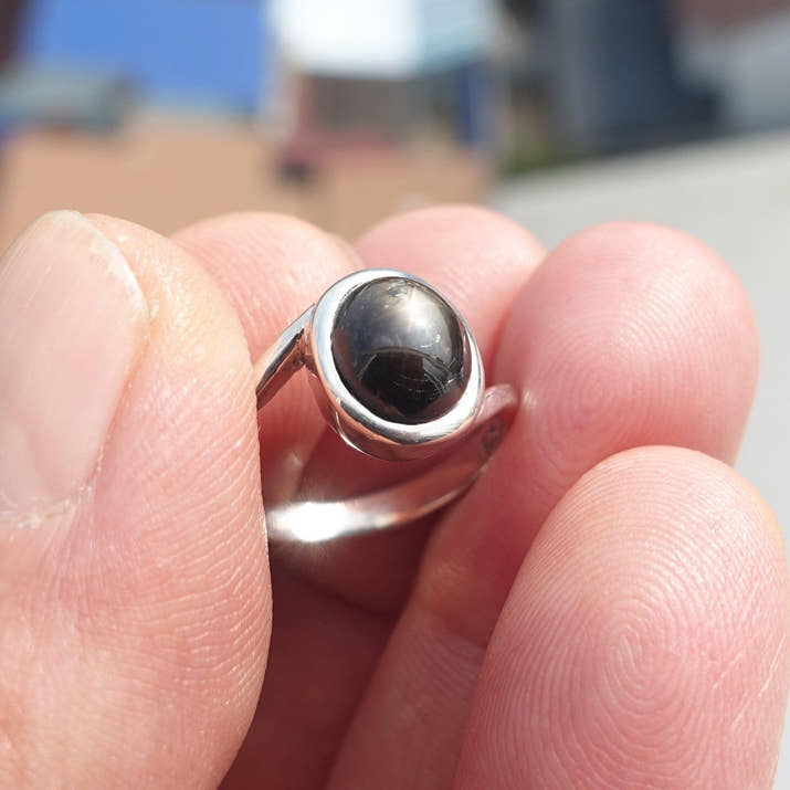 Black Sapphire Ring, Minimalist Sterling Silver Ring, Sapphire Silver Ring, Black Star Sapphire Ring, Gift for Her, Black Star Sapphire cab - size 5.5-3