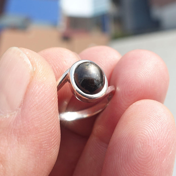Black Sapphire Ring, Minimalist Sterling Silver Ring, Sapphire Silver Ring, Black Star Sapphire Ring, Gift for Her, Black Star Sapphire cab - size 5.5-3