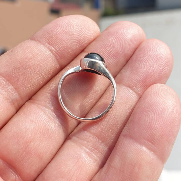 Black Sapphire Ring, Minimalist Sterling Silver Ring, Sapphire Silver Ring, Black Star Sapphire Ring, Gift for Her, Black Star Sapphire cab - size 5.5-4