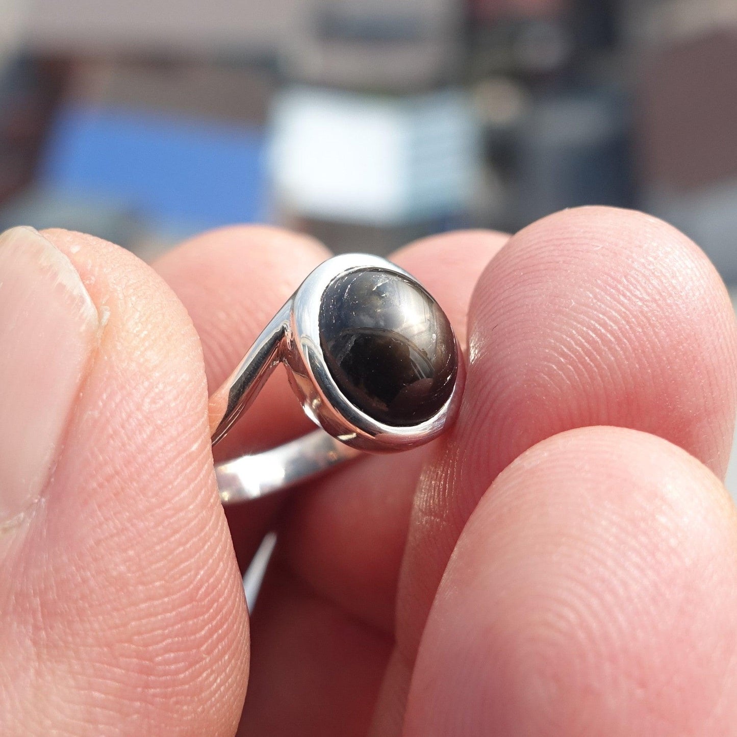Black Sapphire Ring, Minimalist Sterling Silver Ring, Sapphire Silver Ring, Black Star Sapphire Ring, Gift for Her, Black Star Sapphire cab - size 5.5-0