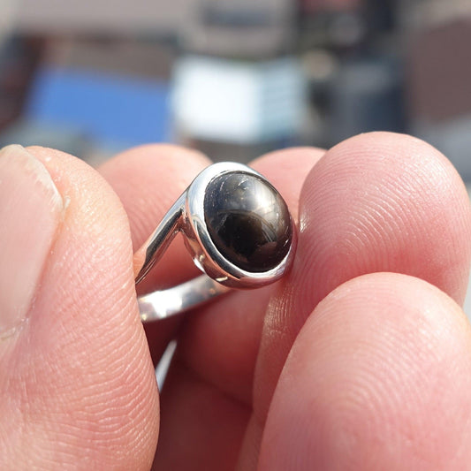 Black Sapphire Ring, Minimalist Sterling Silver Ring, Sapphire Silver Ring, Black Star Sapphire Ring, Gift for Her, Black Star Sapphire cab - size 5.5-0