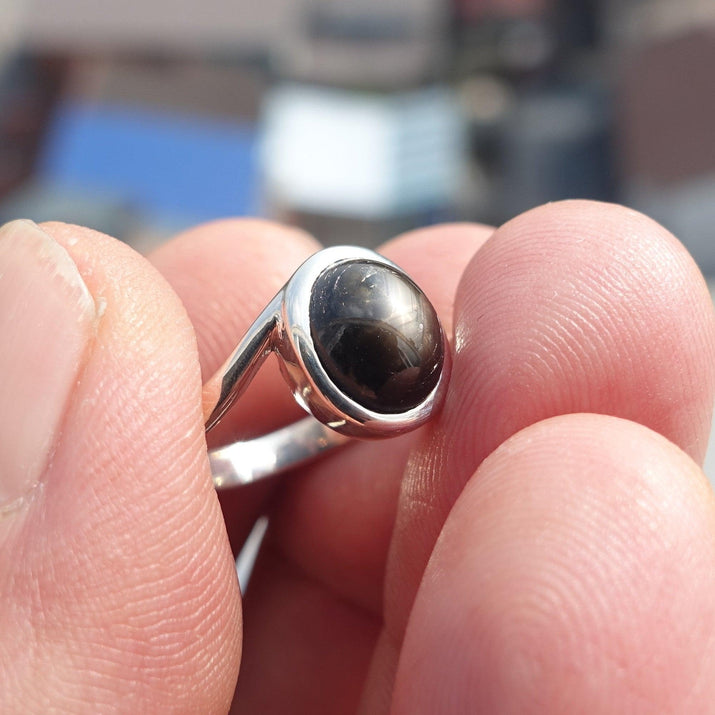 Black Sapphire Ring, Minimalist Sterling Silver Ring, Sapphire Silver Ring, Black Star Sapphire Ring, Gift for Her, Black Star Sapphire cab - size 5.5-0
