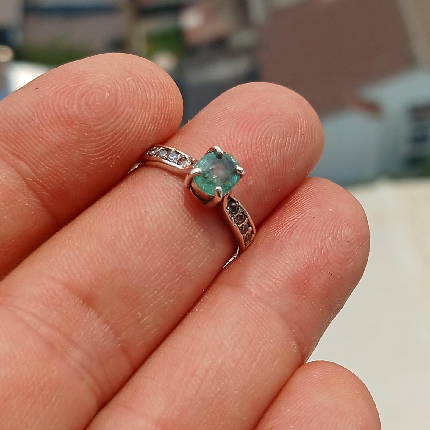 Emerald Ring, Gemstone Ring, Sterling Silver Ring, Solitaire Ring with oval cut Green Emerald and 8 white CZ, Gift for Her, Unique - Size 6-1