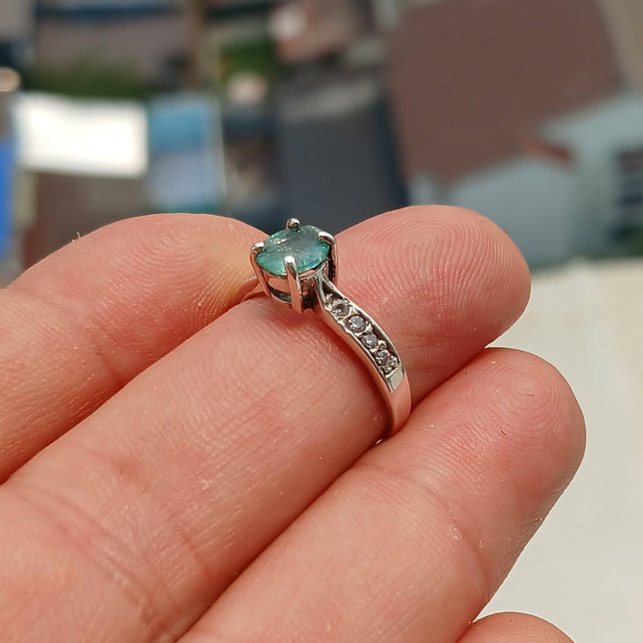 Emerald Ring, Gemstone Ring, Sterling Silver Ring, Solitaire Ring with oval cut Green Emerald and 8 white CZ, Gift for Her, Unique - Size 6-2