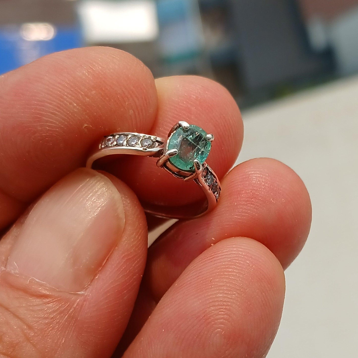 Emerald Ring, Gemstone Ring, Sterling Silver Ring, Solitaire Ring with oval cut Green Emerald and 8 white CZ, Gift for Her, Unique - Size 6-0