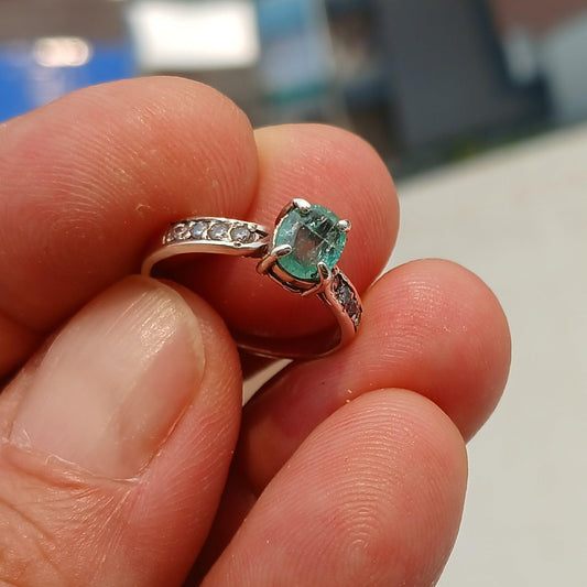 Emerald Ring, Gemstone Ring, Sterling Silver Ring, Solitaire Ring with oval cut Green Emerald and 8 white CZ, Gift for Her, Unique - Size 6-0