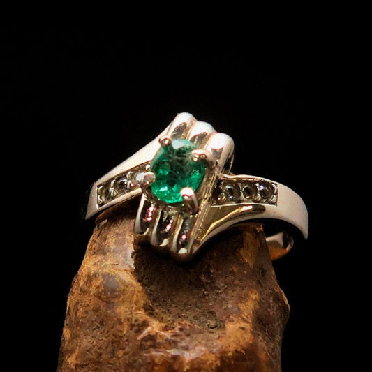 Emerald Ring, Green Emerald Ring, Sterling Silver Ring, Solitaire Ring, Green Emerald and CZ Handmade silver ring, gift for her - Size 5.5-0