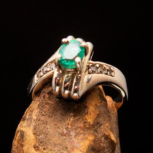 Green Emerald Sterling Silver Ring, Solitaire Ring with Green Emerald and 6 CZ - Size 4.5 - handmade silver ring, Natural green Emerald-0