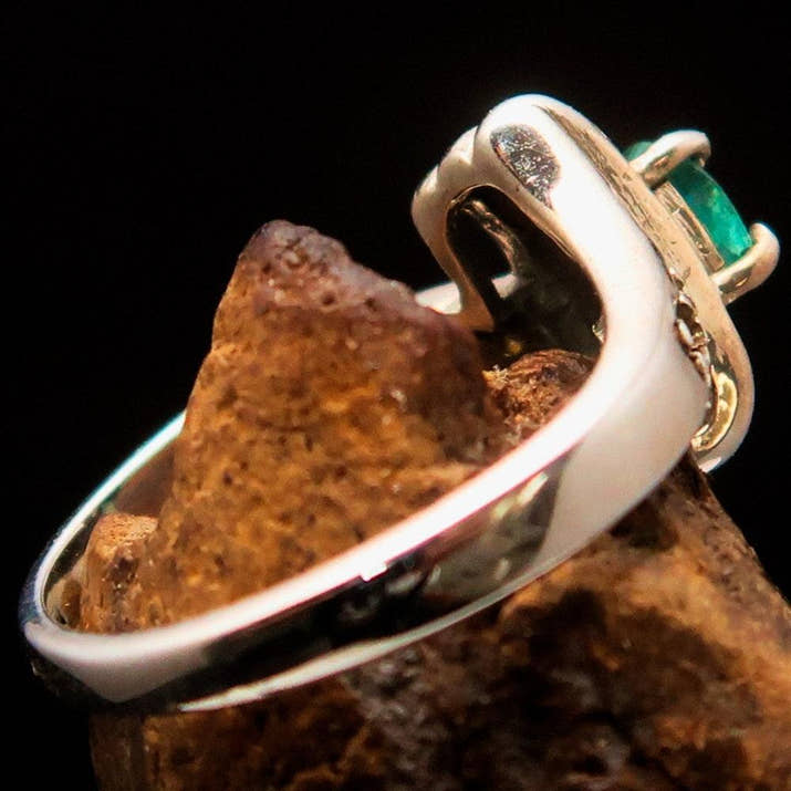 Green Emerald Sterling Silver Ring, Solitaire Ring with Green Emerald and 6 CZ - Size 4.5 - handmade silver ring, Natural green Emerald-4