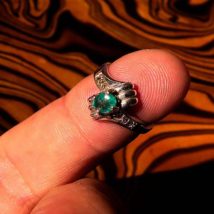 Green Emerald Sterling Silver Ring, Solitaire Ring with Green Emerald and 6 CZ - Size 4.5 - handmade silver ring, Natural green Emerald-1