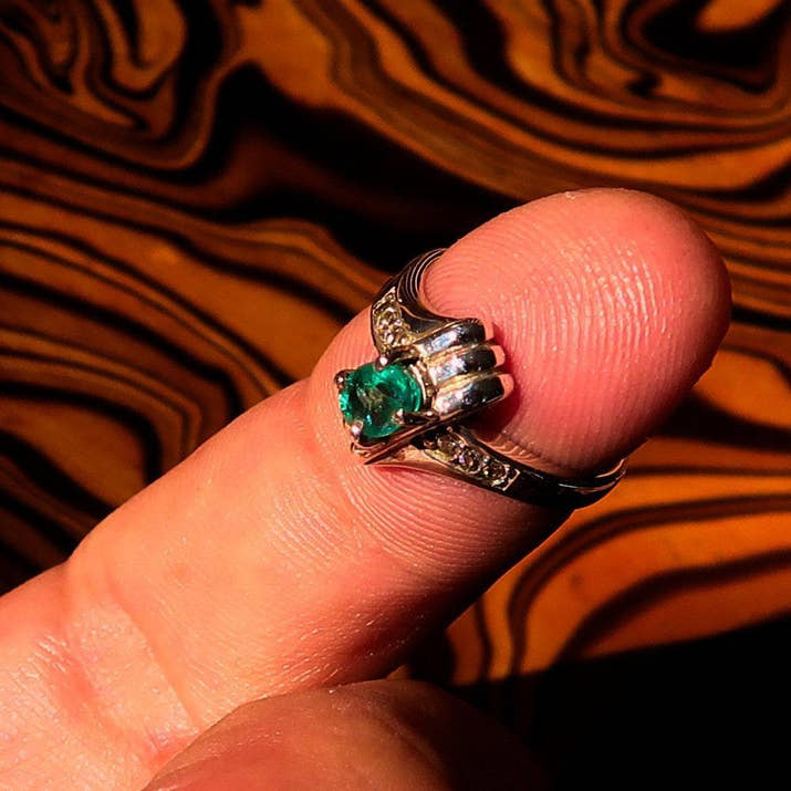 Green Emerald Sterling Silver Ring, Solitaire Ring with Green Emerald and 6 CZ - Size 4.5 - handmade silver ring, Natural green Emerald-2