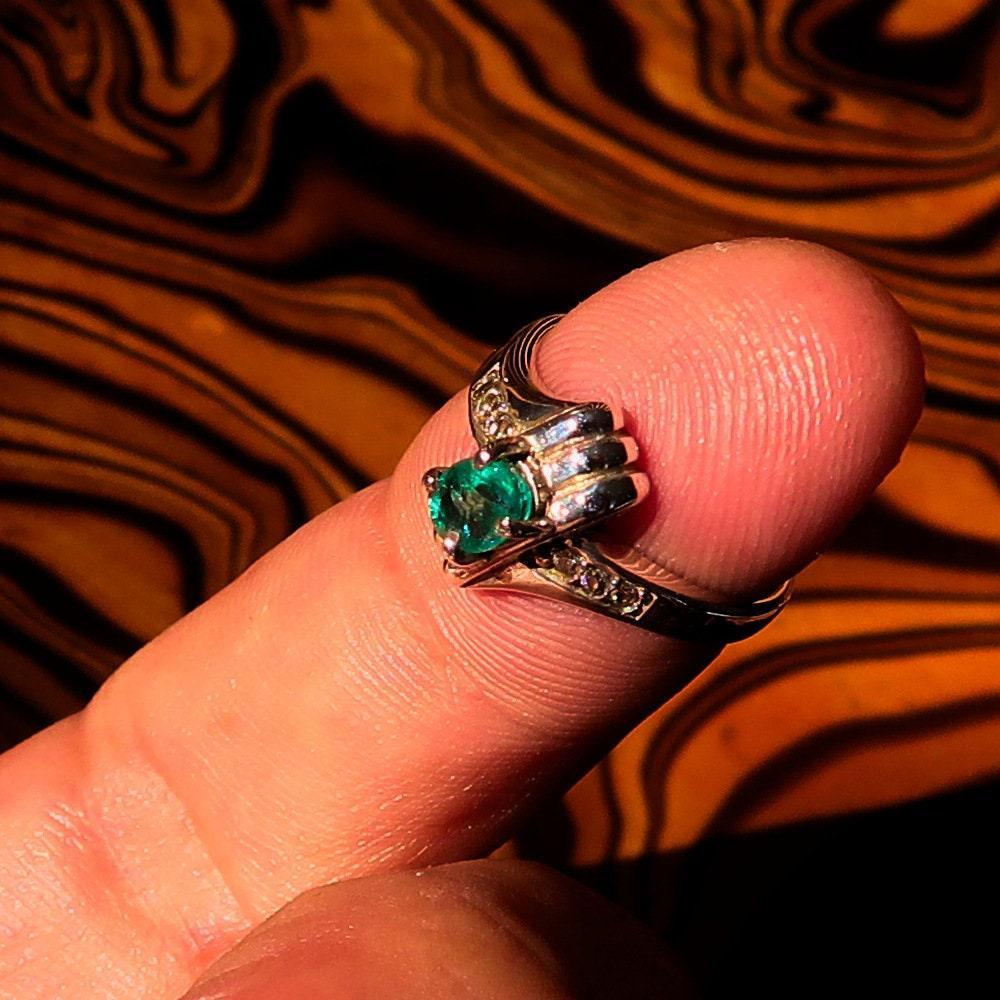 Green Emerald Sterling Silver Ring, Solitaire Ring with Green Emerald and 6 CZ - Size 4.5 - handmade silver ring, Natural green Emerald-2