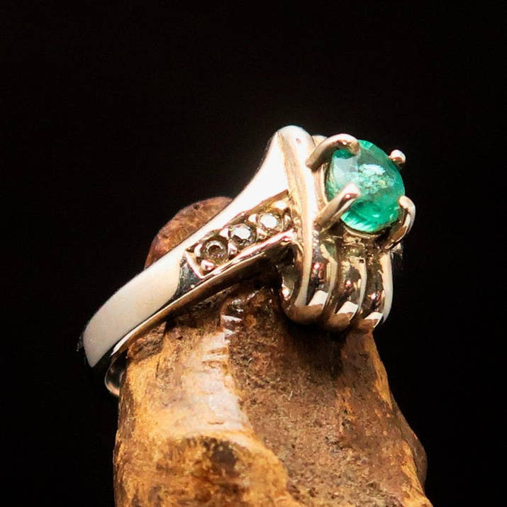 Green Emerald Sterling Silver Ring, Solitaire Ring with Green Emerald and 6 CZ - Size 4.5 - handmade silver ring, Natural green Emerald-3