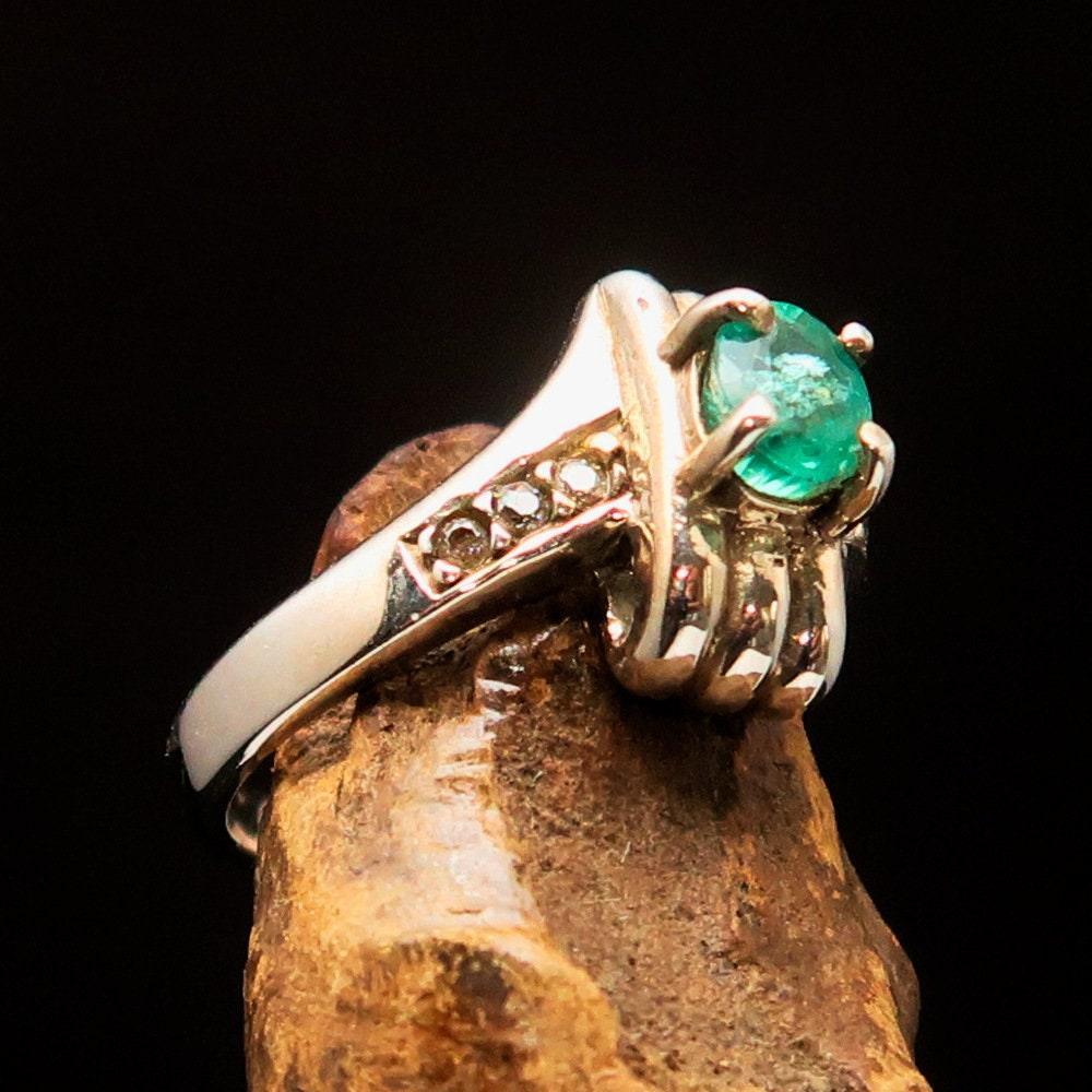 Green Emerald Sterling Silver Ring, Solitaire Ring with Green Emerald and 6 CZ - Size 4.5 - handmade silver ring, Natural green Emerald-3