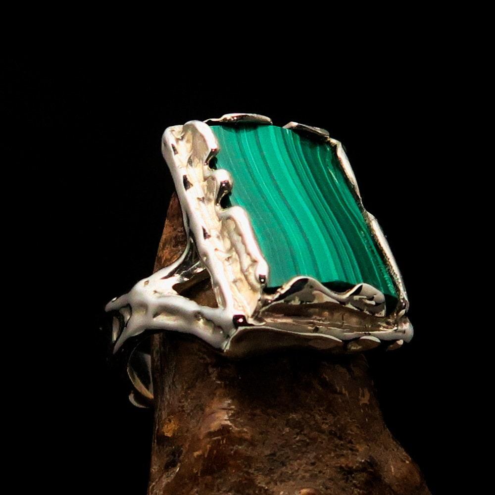 Green Malachite Ring, Artwork Sterling Silver Ring, rectangle shaped Green Malachite, handmade silver ring, unique silver ring - Size 9-2
