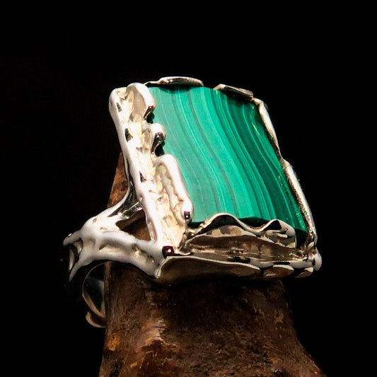 Green Malachite Ring, Artwork Sterling Silver Ring, rectangle shaped Green Malachite, handmade silver ring, unique silver ring - Size 9-0