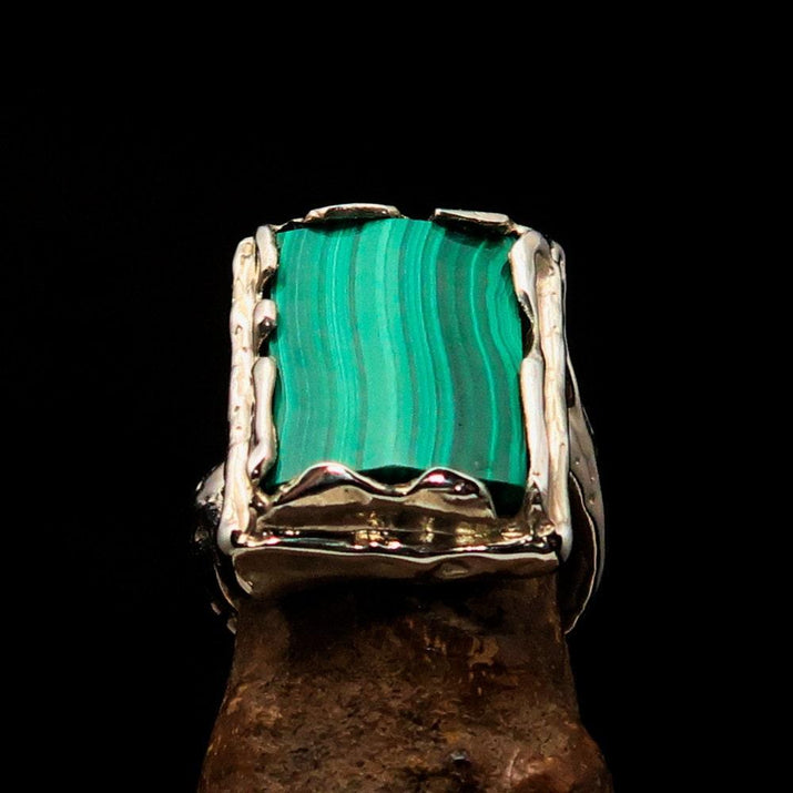Green Malachite Ring, Artwork Sterling Silver Ring, rectangle shaped Green Malachite, handmade silver ring, unique silver ring - Size 9-1