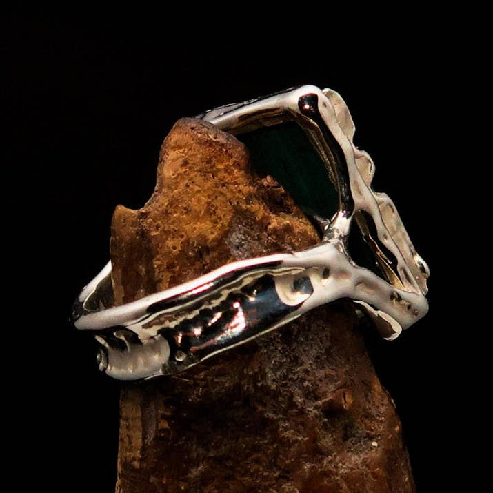 Green Malachite Ring, Artwork Sterling Silver Ring, rectangle shaped Green Malachite, handmade silver ring, unique silver ring - Size 9-3