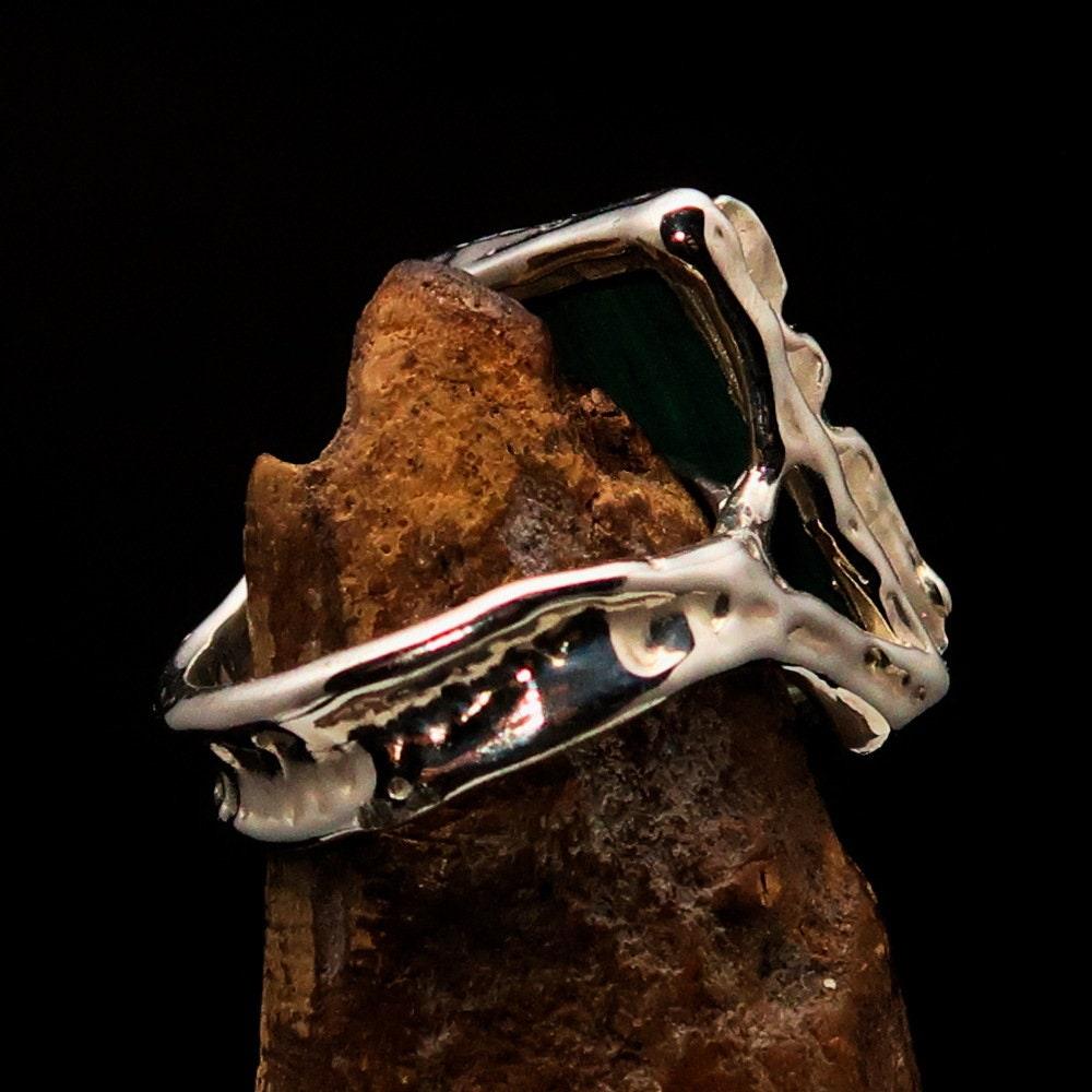Green Malachite Ring, Artwork Sterling Silver Ring, rectangle shaped Green Malachite, handmade silver ring, unique silver ring - Size 9-3