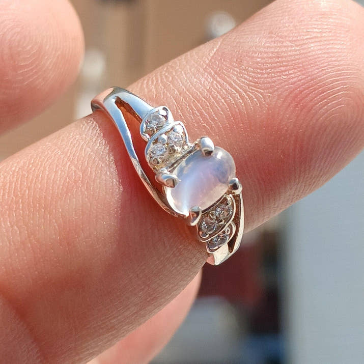 Moonstone Ring, Moonstone Silver Ring, Gemstone Sterling Silver Solitaire Ring, oval shaped Ceylon Moonstone and 6 CZ handmade ring Size 6.5-3