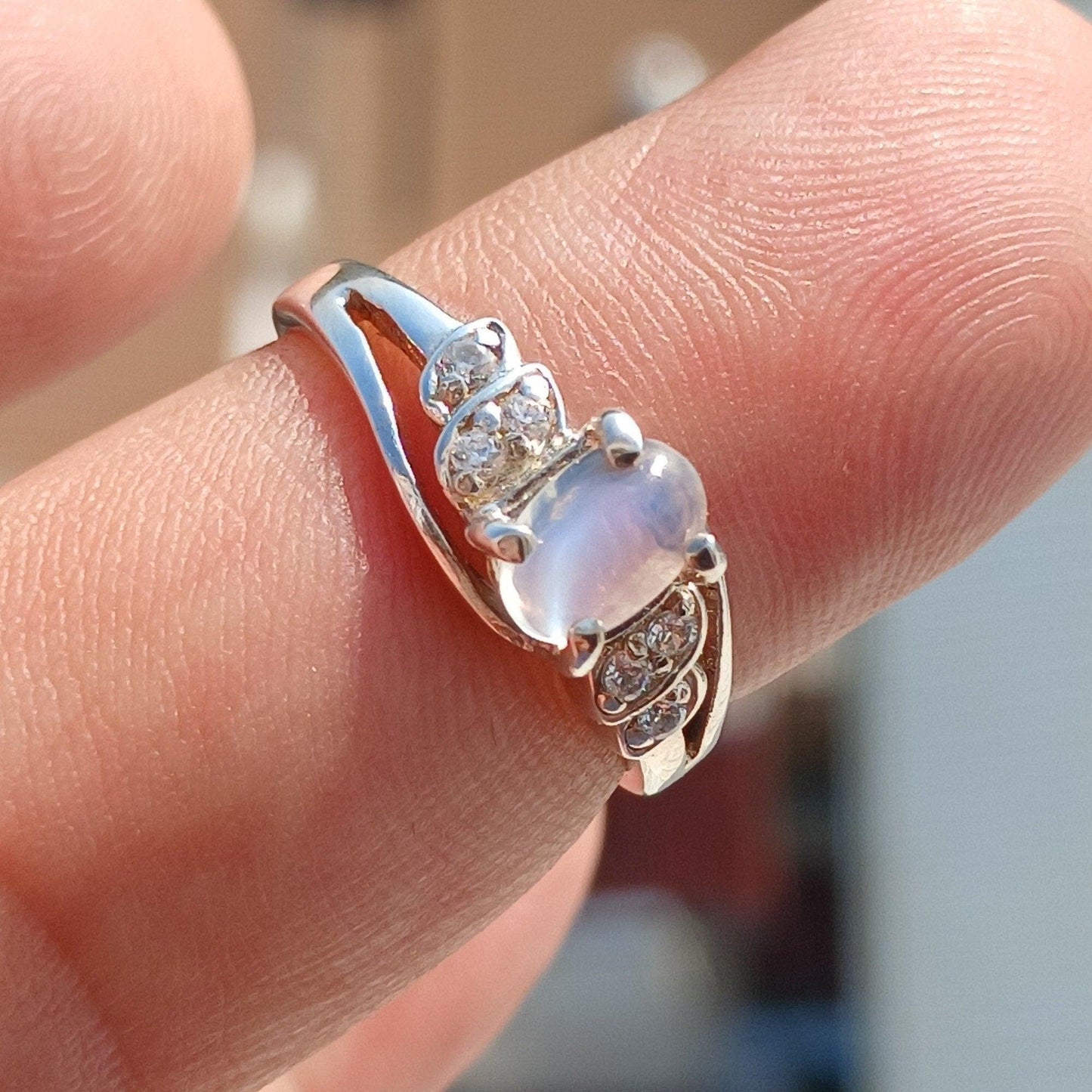 Moonstone Ring, Moonstone Silver Ring, Gemstone Sterling Silver Solitaire Ring, oval shaped Ceylon Moonstone and 6 CZ handmade ring Size 6.5-3