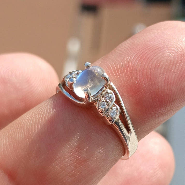 Moonstone Ring, Moonstone Silver Ring, Gemstone Sterling Silver Solitaire Ring, oval shaped Ceylon Moonstone and 6 CZ handmade ring Size 6.5-1