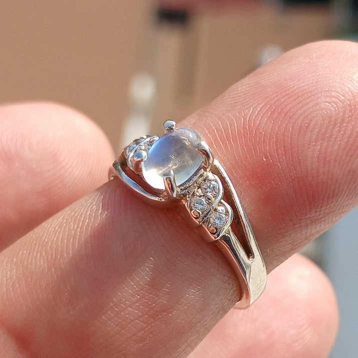 Moonstone Ring, Moonstone Silver Ring, Gemstone Sterling Silver Solitaire Ring, oval shaped Ceylon Moonstone and 6 CZ handmade ring Size 6.5-1