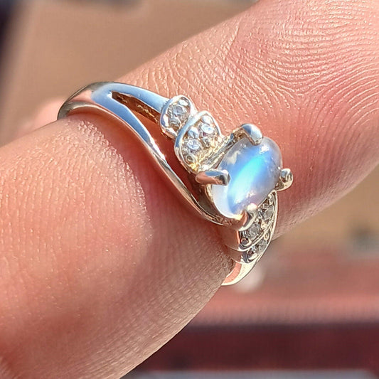 Moonstone Ring, Moonstone Silver Ring, Gemstone Sterling Silver Solitaire Ring, oval shaped Ceylon Moonstone and 6 CZ handmade ring Size 6.5-0