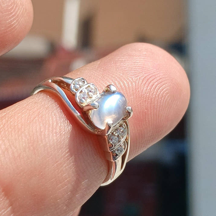 Moonstone Ring, Moonstone Silver Ring, Gemstone Sterling Silver Solitaire Ring, oval shaped Ceylon Moonstone and 6 CZ handmade ring Size 6.5-2