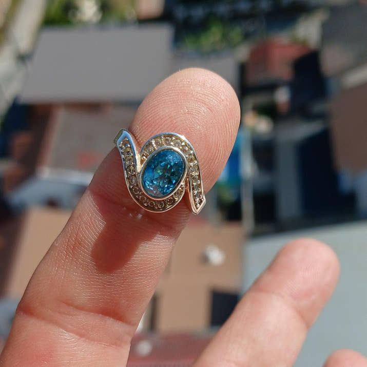 Blue Zircon Ring, Natural Gemstone Ring, Sterling Silver Ring, Cocktail Ring, oval Cut Blue Zircon, 22 white CZ, gift for her - Size 5.5-4