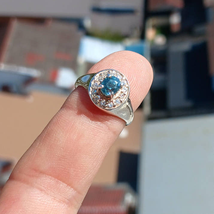 Blue Zircon Ring, Natural blue Zircon Ring, Sterling Silver Ring, Cocktail Ring, oval Cut Blue Zircon, 13 white CZ, gift for her - Size 5.5-0