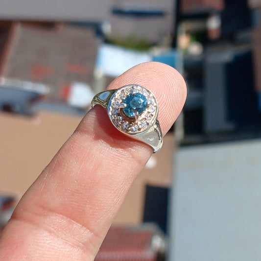Blue Zircon Ring, Natural blue Zircon Ring, Sterling Silver Ring, Cocktail Ring, oval Cut Blue Zircon, 13 white CZ, gift for her - Size 5.5-0